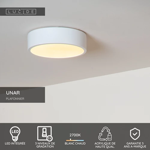 Lucide UNAR - Plafonnier - Ø 20 cm - LED 3 StepDim - 1x12W 2700K - Blanc - USP
